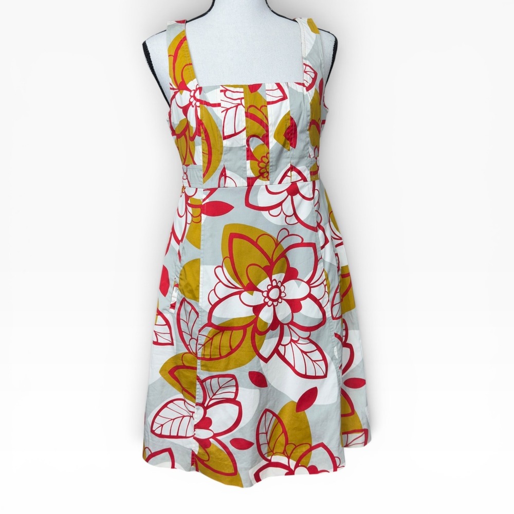 Maeve Anthropologie Floral A-Line Dress 2 Grey Red  Square Neck Pleated Pockets